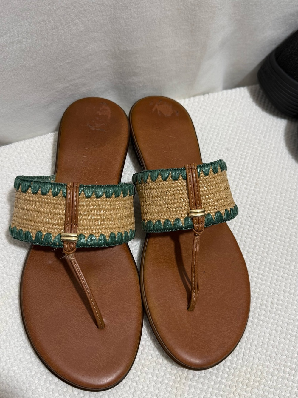 Woven Straw Thong Sandals with Green Trim - Women